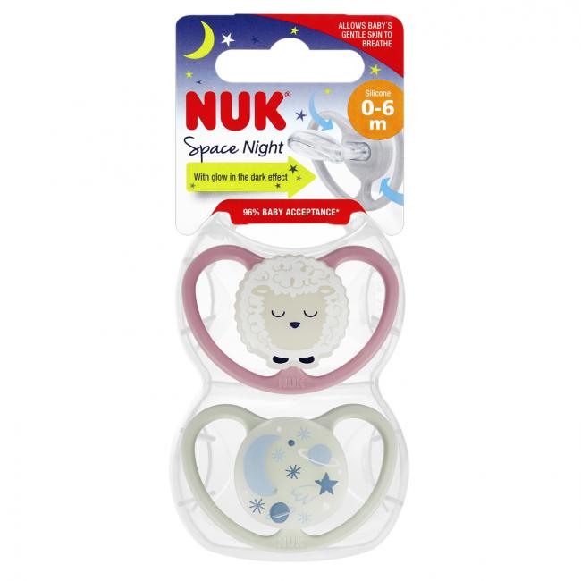 NUK Smoczek uspokajający silikonowy 0-6m Space Night różowy/popielaty op.2 szt. 10730578