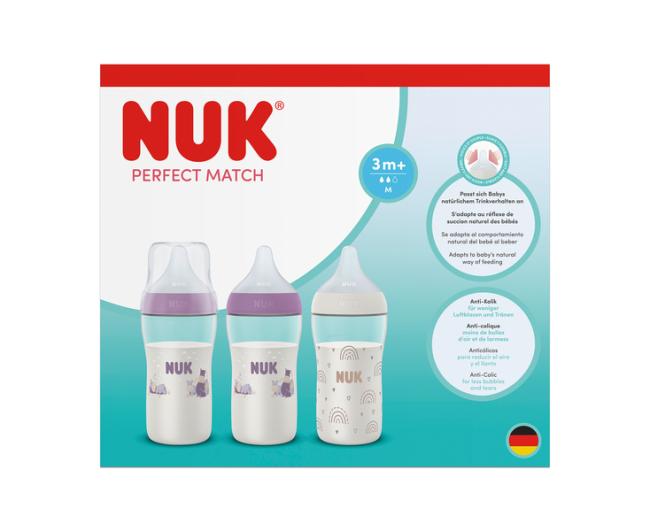 NUK Zestaw Butelka 260 ml 3 szt. Tęcza/Hipopotam Perfect Match 10225347