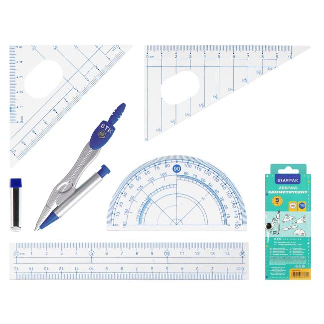 Cyrkiel metalowy plus zestaw geometryczny 4 elementy etui STARPAK 262681