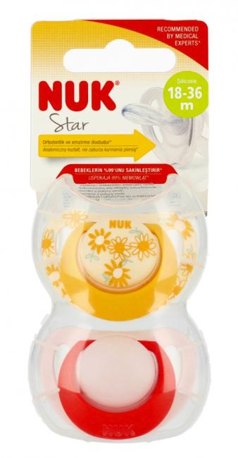 NUK Smoczek uspokajający silikonowy 18-36m Star żółty/różowy op.2 szt. 10739745