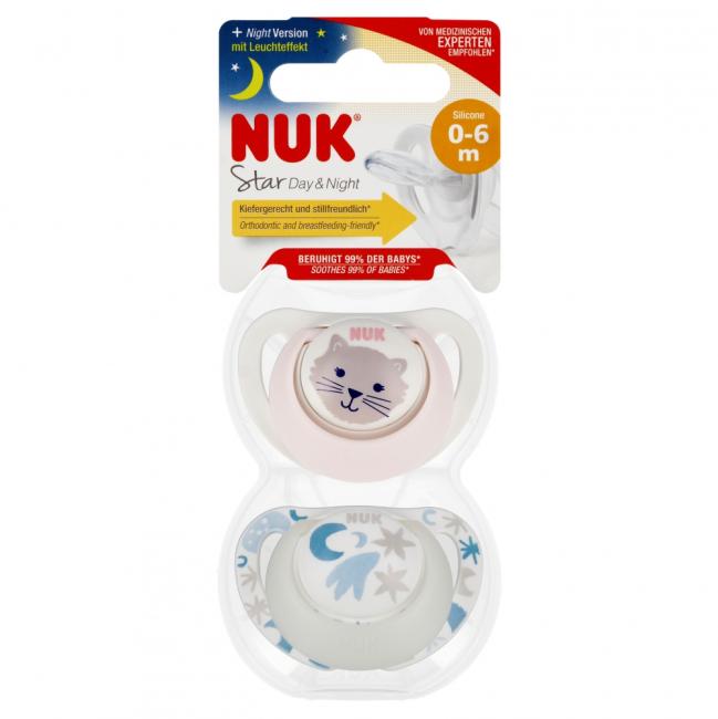 NUK Smoczek uspokajający silikonowy 0-6m Star Day&Night Kot op.2 szt. 10175286