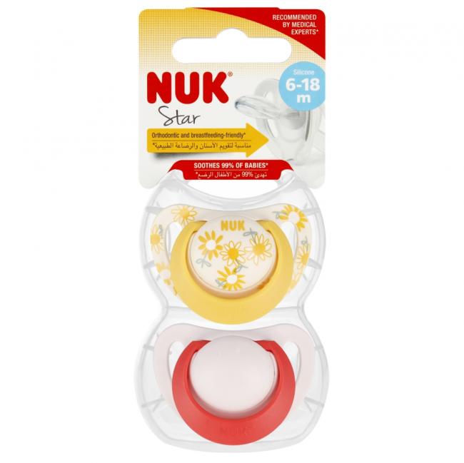 NUK Smoczek uspokajający silikonowy 6-18m Star żółty/czerwony op.2 szt. 10736726