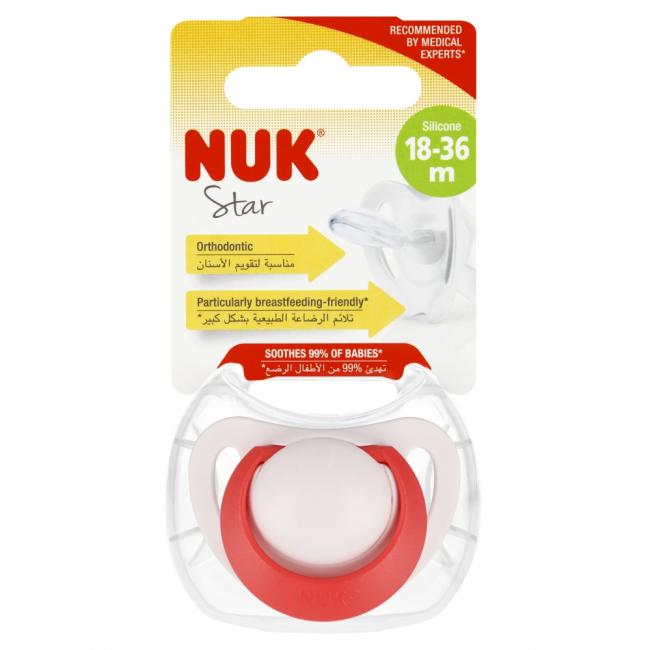NUK Smoczek uspokajający silikonowy 18-36m Star czerwony 10739748
