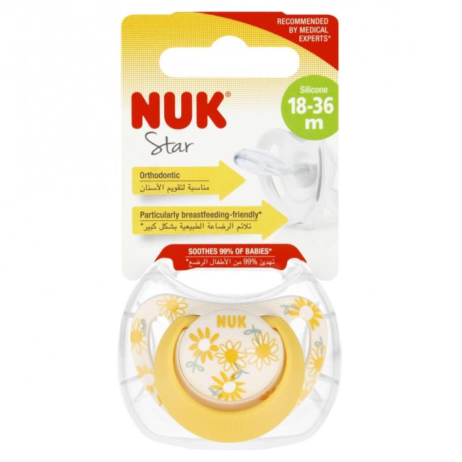 NUK Smoczek uspokajający silikonowy 18-36m Star żółty 10739748