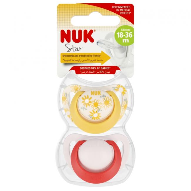 NUK Smoczek uspokajający silikonowy 18-36m Star czer/żół op.2 szt. 10739734