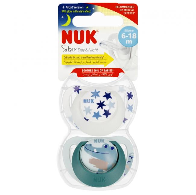 NUK Smoczek uspokajający silikonowy 6-18m Star Day&Night zielony op.2 szt. 10736727