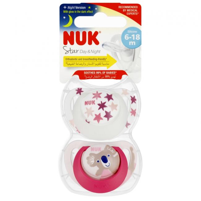 NUK Smoczek uspokajający silikonowy 6-18m Star Day&Night róż op.2 szt. 10736727