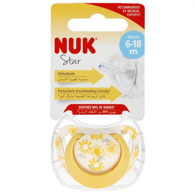 NUK Smoczek uspokajający silikonowy 6-18m Star żółty 10736751